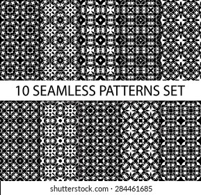 Set of abstract seamless patterns. Ten unrepeatable ornaments with Swatch for filling.