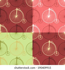 Set of abstract seamless patterns with vintage bicycle and texture. Vector illustration, easy editable.