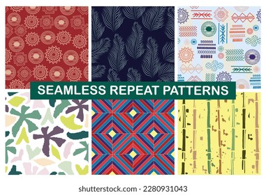 Set of abstract seamless repeat pattern designs. Geometric, line art, African tribal artwork, hand drawn elements, bamboo sticks. Perfect for textile prints, fabrics and wallpapers