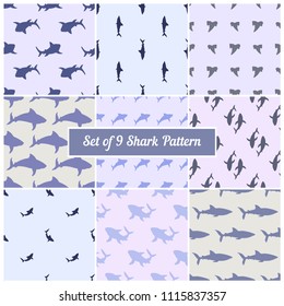 Set of Abstract seamless vector pattern for girls, boys, clothes. Creative background with sharks. Funny wallpaper for textile and fabric. Fashion style. Colorful bright