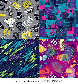 Set of Abstract seamless vector pattern for girls, boys, clothes. Creative background with dots, geometric figures Funny wallpaper for textile and fabric. Fashion style. Colorful bright