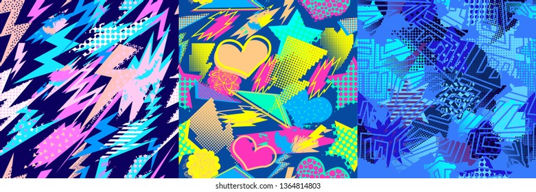 Set of Abstract seamless vector pattern for girls, boys, clothes. Creative background with dots, geometric figures Funny wallpaper for textile and fabric. Fashion style. Colorful bright