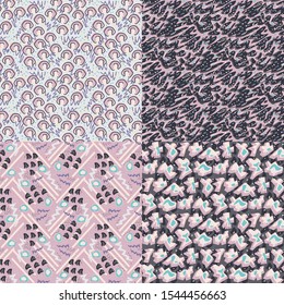 Set of Abstract seamless vector pattern for girls, boys, clothes. Creative background with dots, geometric figures Funny wallpaper for textile and fabric. Fashion style. Colorful bright.