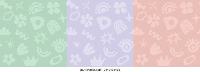 Set of abstract seamless vector pattern with geometric shapes, flower and other primitive elements for wrapping paper, flyer, poster, cover design, sticker and toys. Pastel color retro hippie design.