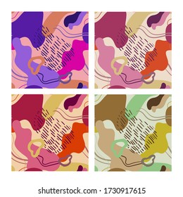 Set of abstract seamless vector patterns, spots, camouflage, abstract background purple colors for fabrics. Multi-colored modern design for fabrics, backgrounds, printing, decoration.