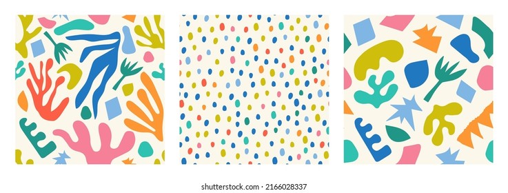 Set of abstract seamless vector patterns in Matisse style with abstract hand-drawn shapes, dots, flowers. Ideal for wallpaper, clothing design, wrapping and more