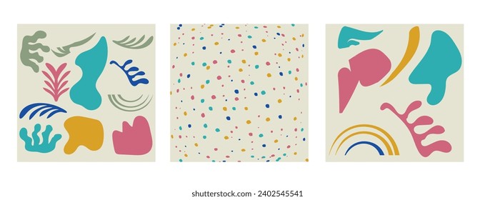 Set of abstract seamless vector patterns in Matisse style with abstract hand-drawn shapes, dots, flowers. Ideal for wallpaper, clothing design, wrappi
