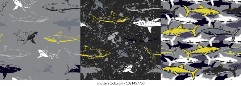 Set of Abstract seamless vector underwater pattern for girls, boys, clothes. Creative background with sharks. Funny wallpaper for textile and fabric. Fashion style. Colorful bright