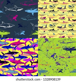 Set of Abstract seamless vector underwater pattern for girls, boys, clothes. Creative background with sharks. Funny wallpaper for textile and fabric. Fashion style. Colorful bright