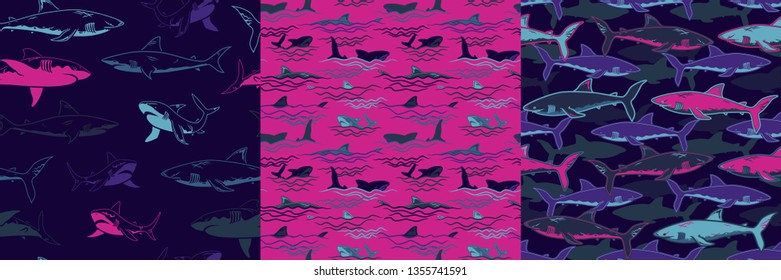 Set of Abstract seamless vector underwater pattern for girls, boys, clothes. Creative background with sharks. Funny wallpaper for textile and fabric. Fashion style. Colorful bright