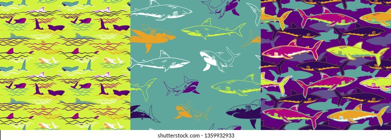 Set of Abstract seamless vector underwater pattern for girls, boys, clothes. Creative background with sharks. Funny wallpaper for textile and fabric. Fashion style. Colorful bright