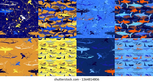 Set of Abstract seamless vector underwater pattern for girls, boys, clothes. Creative background with sharks. Funny wallpaper for textile and fabric. Fashion style. Colorful bright