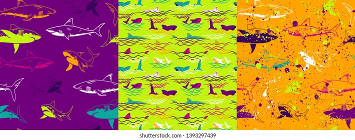 Set of Abstract seamless vector underwater pattern for girls, boys, clothes. Creative background with sharks. Funny wallpaper for textile and fabric. Fashion style. Colorful bright