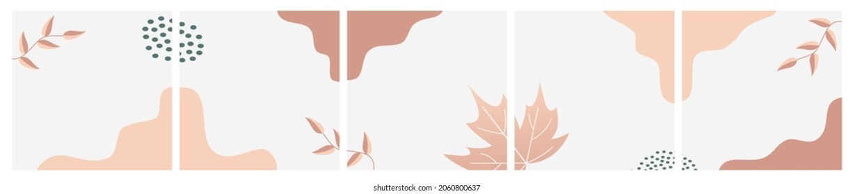Set of Abstract Seasonal Background for Social Media Post, Banner, Microblog, Carousel, Template, Card. Abstract Background with Leaves and Organic Shape.