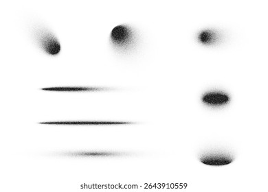 Ensemble d'effets d'ombre abstraits. Cercles, ovales et lignes avec bruit de dégradé, textures granuleuses et motifs pointillés, isolés sur fond blanc. Illustration vectorielle d'éléments pointillés
