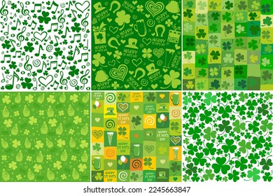 Set of abstract Shamrock seamless patterns for St. Patrick's Day card. Seamless Pattern background with three - leaved shamrocks St. Patrick's day holiday symbol. Irish symbols of the holiday.17 march