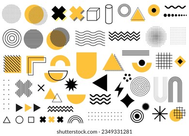 Set of abstract shape background with black yellow, Set of geometric shapes. Memphis design, retro elements