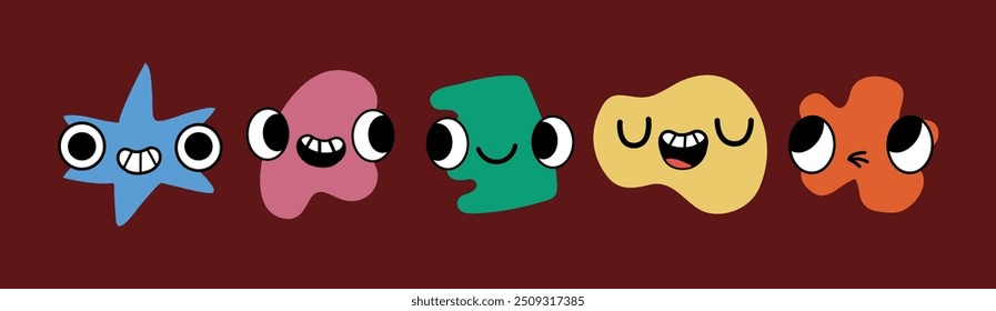 Set of abstract shape with cartoon faces showing emotions.