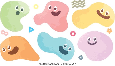 Set of abstract shape character with facial emotion. Cartoon style colorful slime organic shapes smiling and happy. Cute hand draw with crayon abstract trendy color doodle face. Expression and feeling