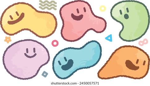 Set of abstract shape character with facial emotion. Cartoon style colorful slime organic shapes smiling and happy. Cute hand draw with crayon abstract trendy color doodle face. Expression and feeling