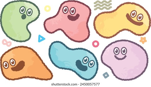Set of abstract shape character with facial emotion. Cartoon style colorful slime organic shapes smiling and happy. Cute hand draw with crayon abstract trendy color doodle face. Expression and feeling