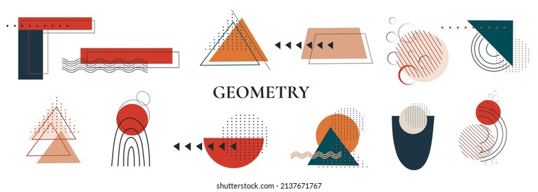 a set of abstract shape: circle, triangle, dot memphis geometric style, one line. modern background in the style of minimalism. element for print, postcard, banner, postcard. boho style.