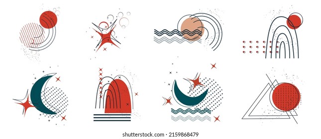 a set of abstract shape: circle, triangle, dot memphis geometric style, one line. modern background in the style of minimalism. element for print, postcard, banner, postcard. boho style.
