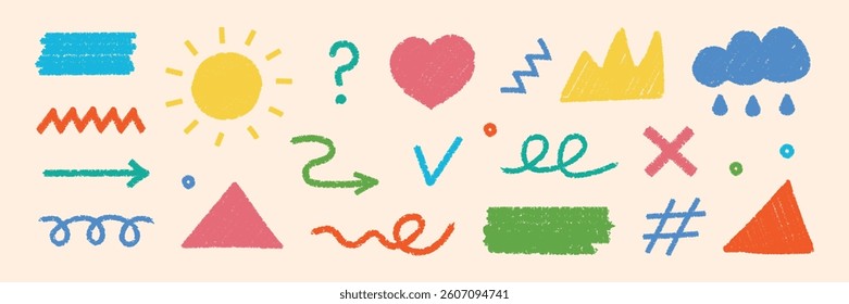 A set of abstract shape elements featuring modern, colorful graphics. Doodle geometric collage shapes, such as a crown and heart, with hand-drawn texture and grunge sketch brush effects. Vector.