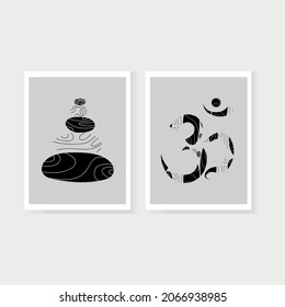 Set of abstract shape stones and ancient hindu mantra OM (AUM) with texture. Black and white composition. Boho balance. Contemporary artwork. For wall decor, interior. Vector illustration.