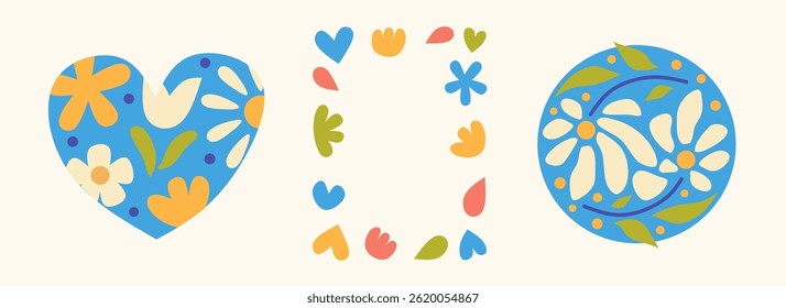 Set of abstract shaped frame with blossom flowers, floral art, leaves on white background. Creative spring season elements template for Easter, Mother's Day, Women's Day illustration.