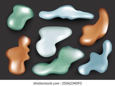 Conjunto de Formas abstractas en diseño de dibujos animados 3D. Varias Formas cromadas se representan sobre un fondo oscuro en esta hermosa colección. Ilustración vectorial.