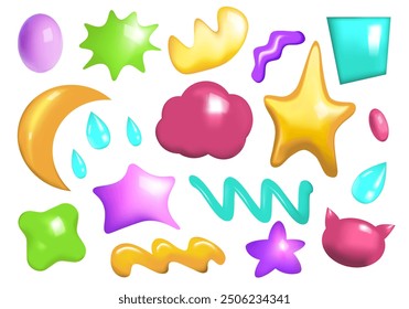 Set of abstract shapes in 3d cartoon design. This collection features images of different shapes in a bright color palette and is a great representative of the Y2K style. Vector illustration.