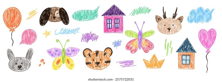 Set of abstract shapes, butterfly and house in childlike style drawing with crayon