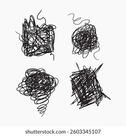 Set of abstract shapes created with black scribbled lines, representing chaos and disorder.