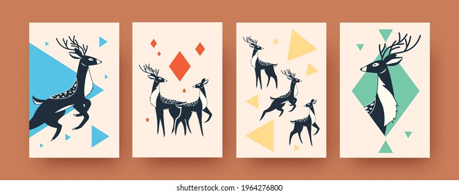 Set of abstract shapes of deer on banners in Scandinavian style. Dark deer silhouettes with horns on retro background. Forest animals and wildlife concept for social media, postcards, invitation cards