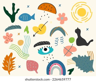 Set of abstract shapes. Set of design elements similar to plants, animals, nature. Suitable for posters, brochures, invitations, social networks. Modern graphic design. Vector