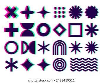 Set of abstract shapes with distortion, refraction, glitch effect. Geometric shapes with optical illusion