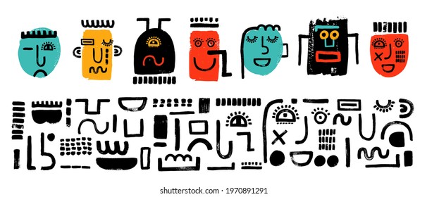 Set of abstract shapes. Face constructor elements, eyes, mouth,nose, ear.  Modern art character. Brush stroke. Grunge texture. Creatures design. 