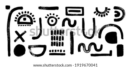 Set of abstract shapes. Face constructor elements, eyes, mouth,nose, ear.  Modern art character. Brush stroke. Grunge texture.