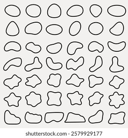 Set of abstract shapes, featuring various abstract forms. These abstract shapes are outlined and varied, ideal for abstract design projects and creativity. Black shape vector set.