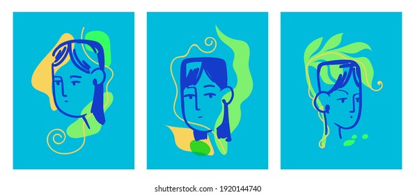 Conjunto de formas abstractas con caras femeninas sobre un fondo azul. Retratos abstractos modernos y brillantes de las mujeres dibujados a mano. Ilustración vectorial contemporánea.