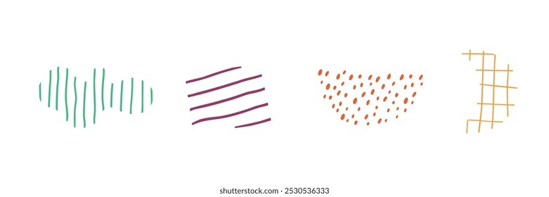 Conjunto con Formas abstractas y rellenos. Ilustración plana, abstracción. Ilustración vectorial dibujada a mano.