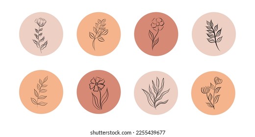 Set of abstract shapes with floral elements. Abstract floral line art.   Social media instagram highlights cover