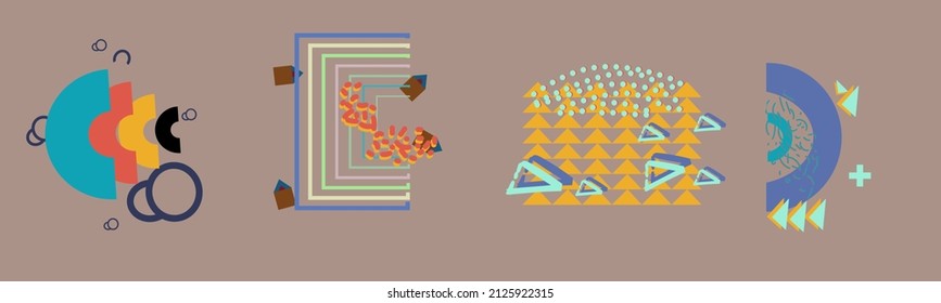 Set of abstract shapes geometric elements on collored background. Vector illustration