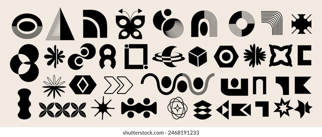 A set of abstract shapes and geometric figures in brutalist style. Modern trendy forms. Modernism. Bauhaus. Y2k design. Retro aesthetic elements, design. Brutal grids. Groovy primitive circles. Icons