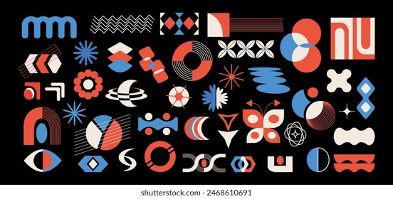 A set of abstract shapes and geometric figures in brutalist style.  Lines, circles, squares, arches, waves, spirals.  Modern trendy minimalism. Modernism. Bauhaus. Y2k design. Retro aesthetic elements