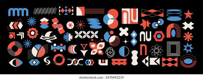 A set of abstract shapes and geometric figures in brutalist style. Modern trendy minimalism. Modernism. Bauhaus. Y2k design. Retro aesthetic elements, design. Brutal grids. Simple and primitive circle