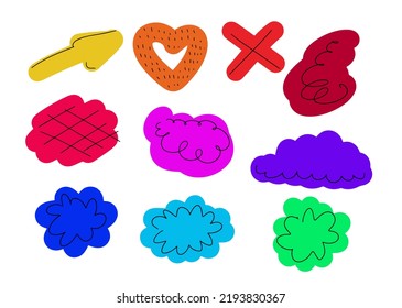 Satz abstrakter Formen. Geometrisches mehrfarbiges Basisformular für einfache Blumendrucke. Cartoon-Doodle für Flachkinder
