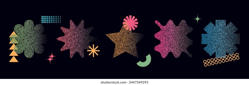 Set of abstract shapes with a grainy texture. Dot elements in the style of the 90s, 2000s. The effect of halftones. Vector.
