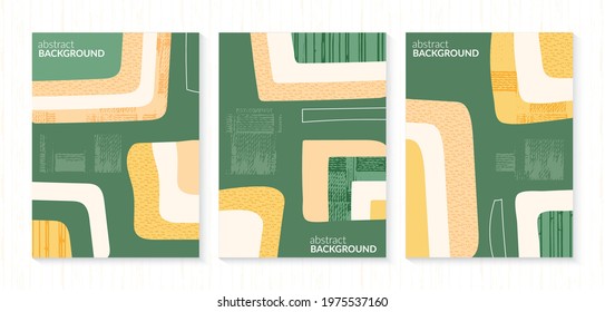 Set of abstract shapes green field from aerial view. Minimalist summer field landscape poster collection. Rural view, grunge texture. Design elements for social media post, banner, card, background